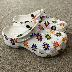 White and floral platform crocs